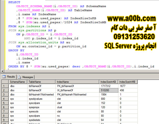 کوئری بدست آوردن سایز ایندکسها در SQL Server
